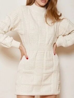 Lulu's Elegant Cream Knit Long Sleeve Dress